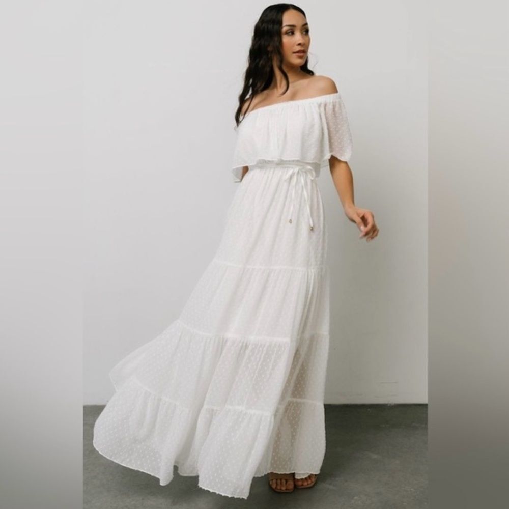 Baltic Born White Swiss Dot Tiered Off Shoulder Maxi Dress